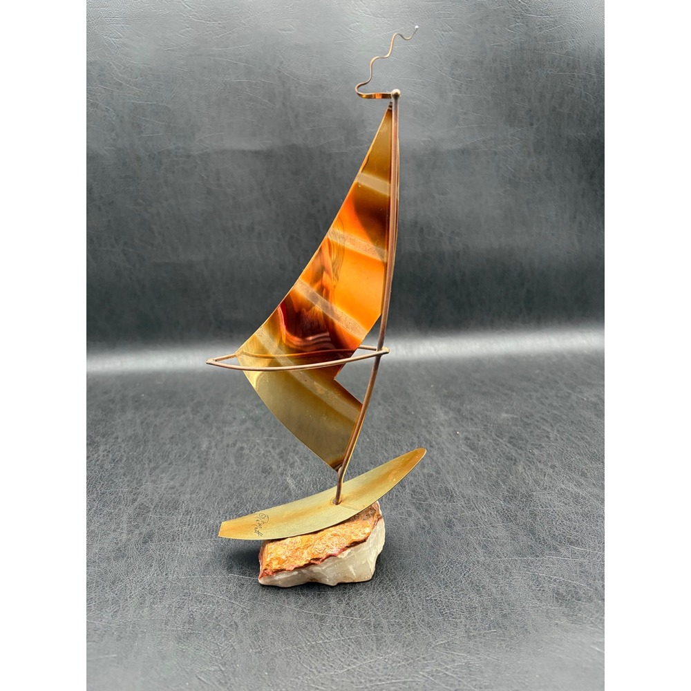 DeMott Signed Metal Sailboat Sculpture on Stone Base Mid Century Modern